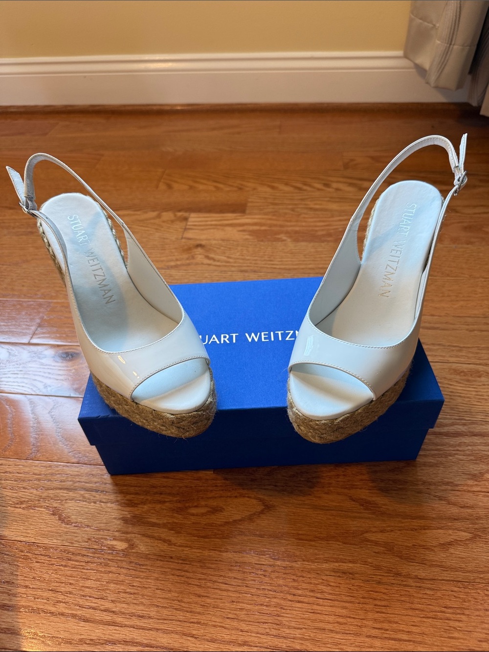 Stuart Weitzman White Patent Espadrille Slingback Wedges